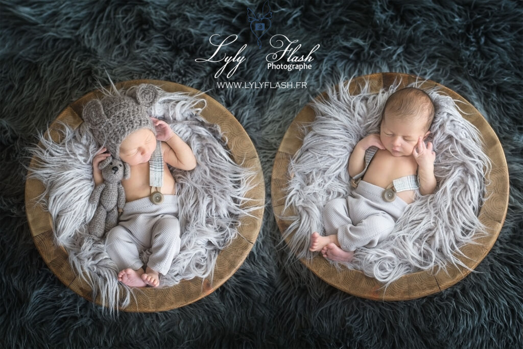 photographie naissance des jumeaux en vue aérienne chacun dans leur panier, une superbe photo