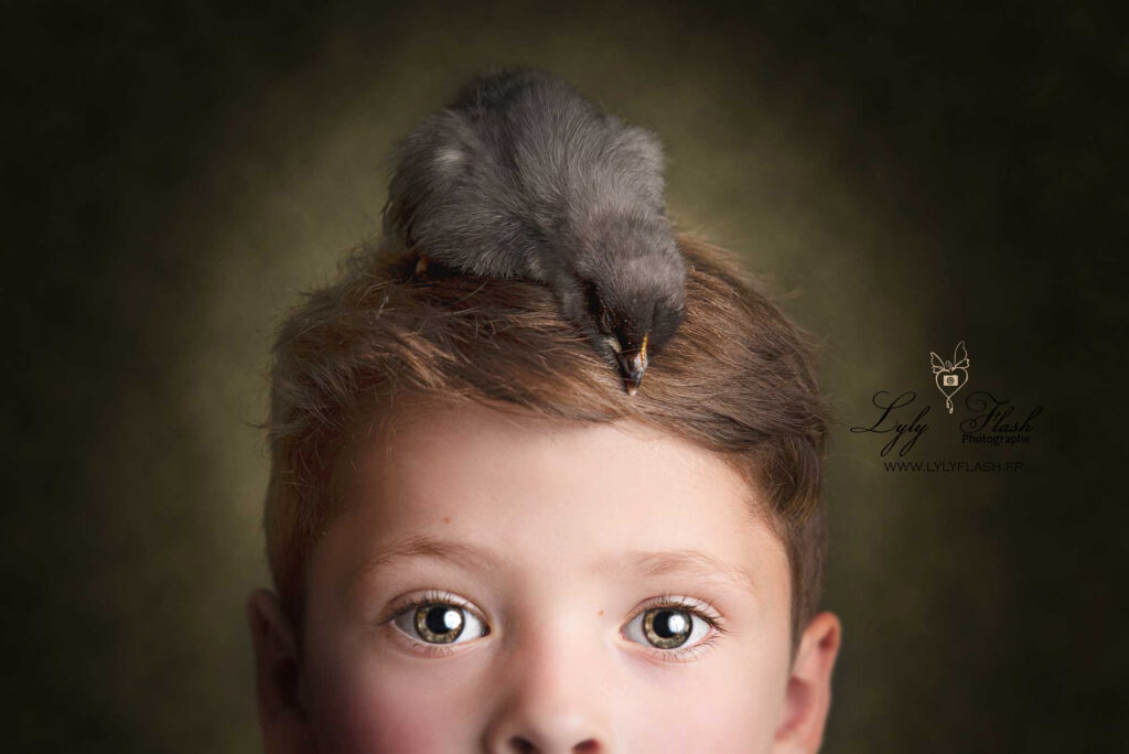 photo d un enfant avec un poussin sur la tête